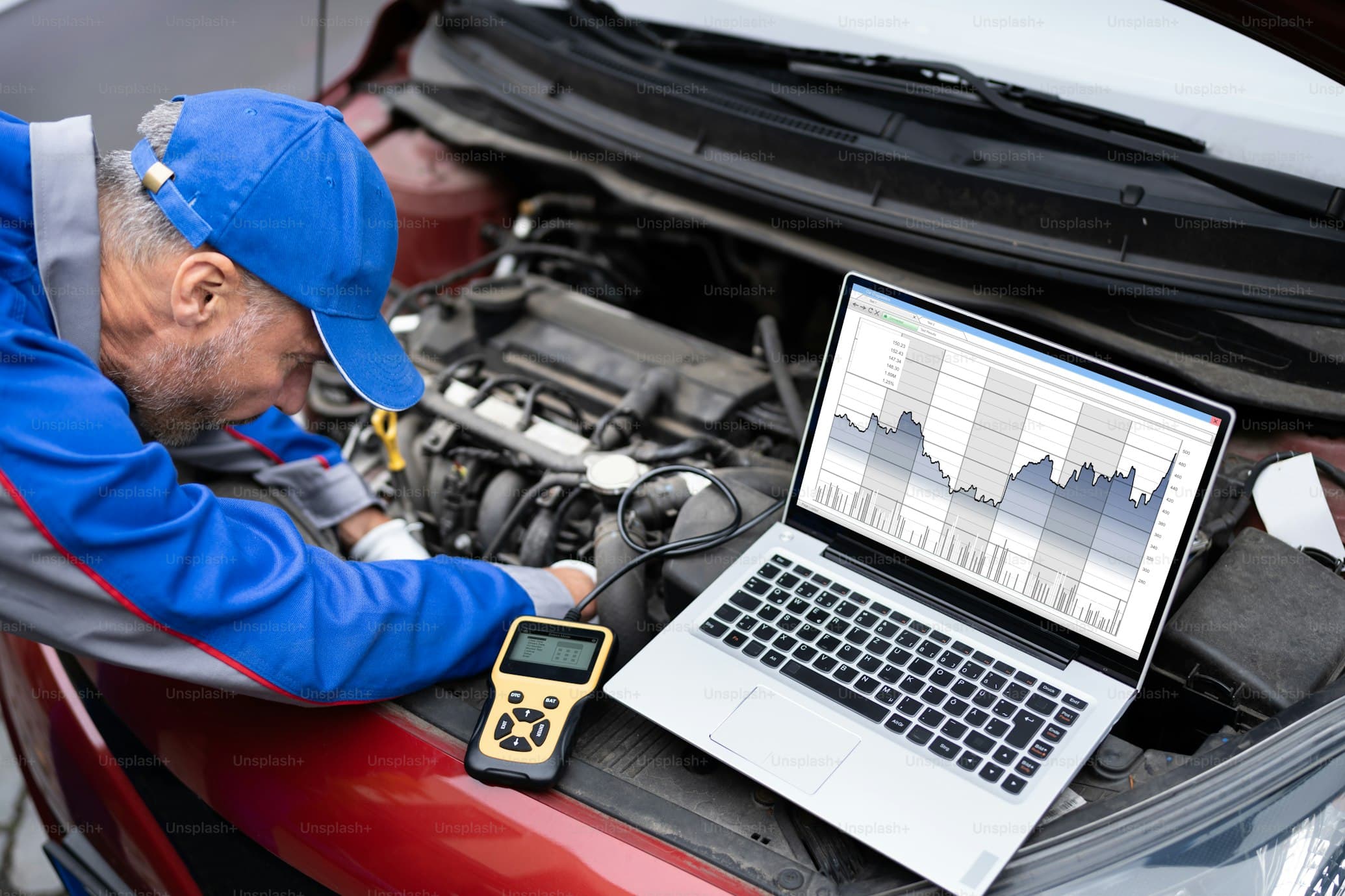 Mechanic running diagnostics with a laptop and handheld scanner on a vehicle engine bay